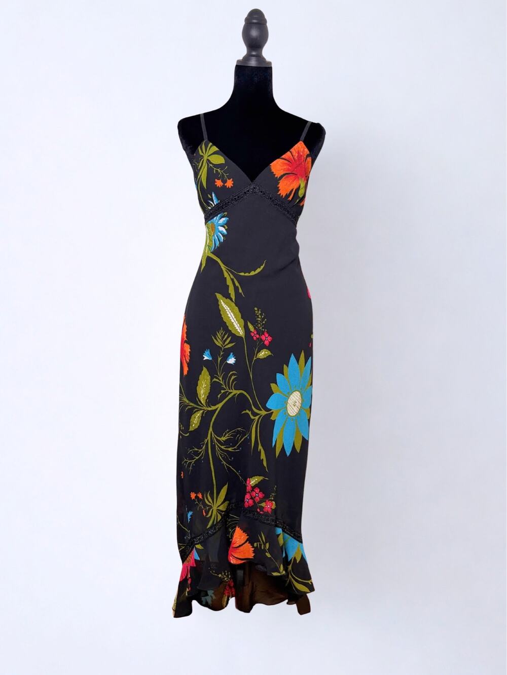 Vtg Y2K Clip Black Multicolor Floral Fairy Maxi Dress Crochet Paneling